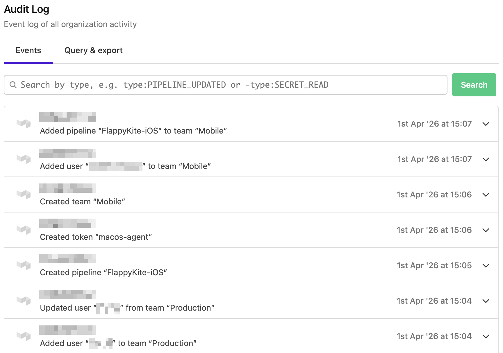 Events tab with search bar in Audit Log