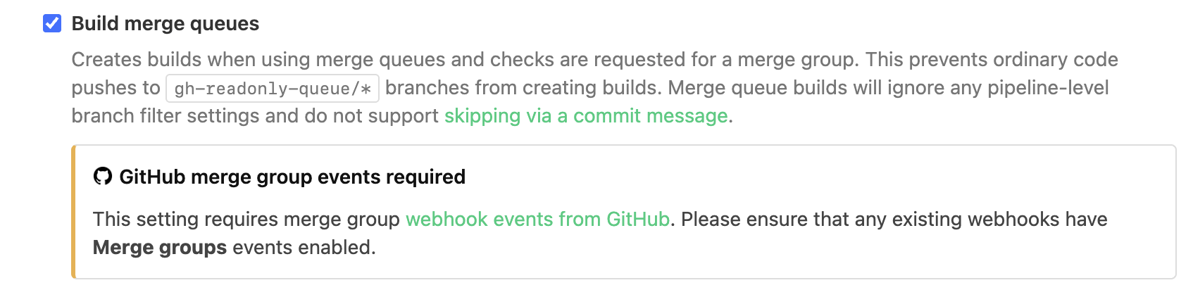 Enabling merge queue builds in a pipeline's GitHub settings