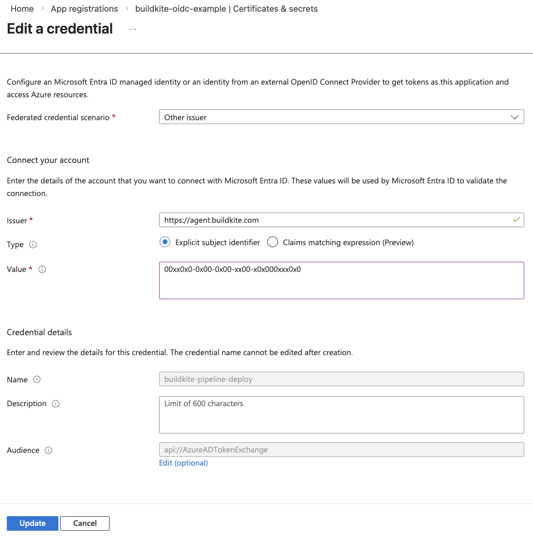 Screenshot of the Federated Identity Credential configuration showing the Issuer, Subject identifier, Name and Audience fields
