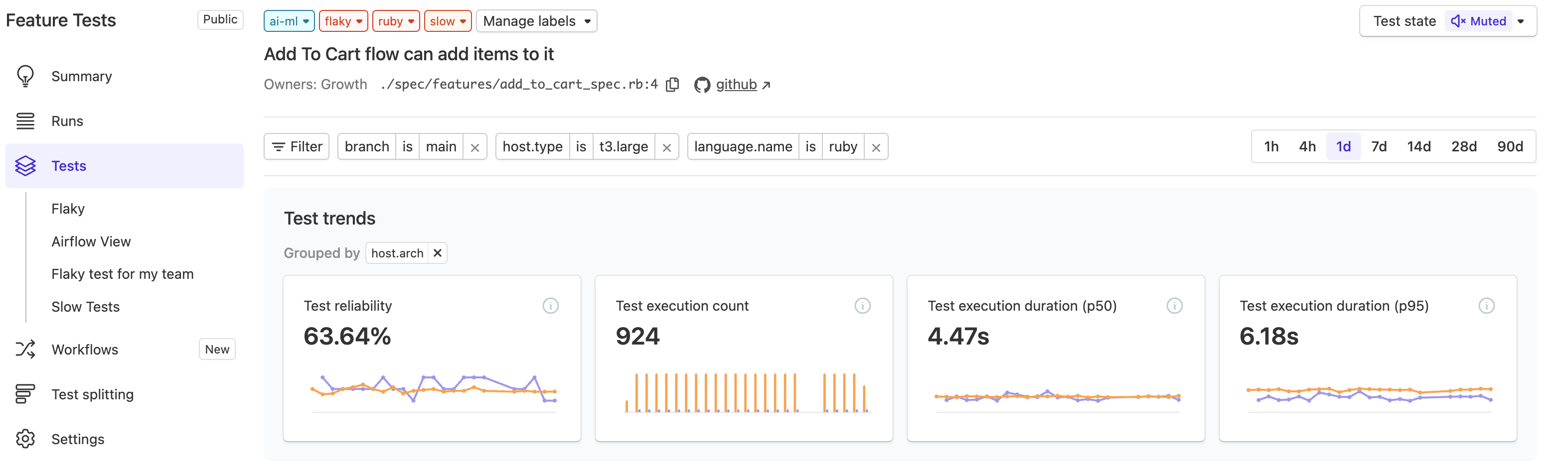 Screenshot of test page with a tag filter applied restricting executions to just those that ran on t3.large in ruby