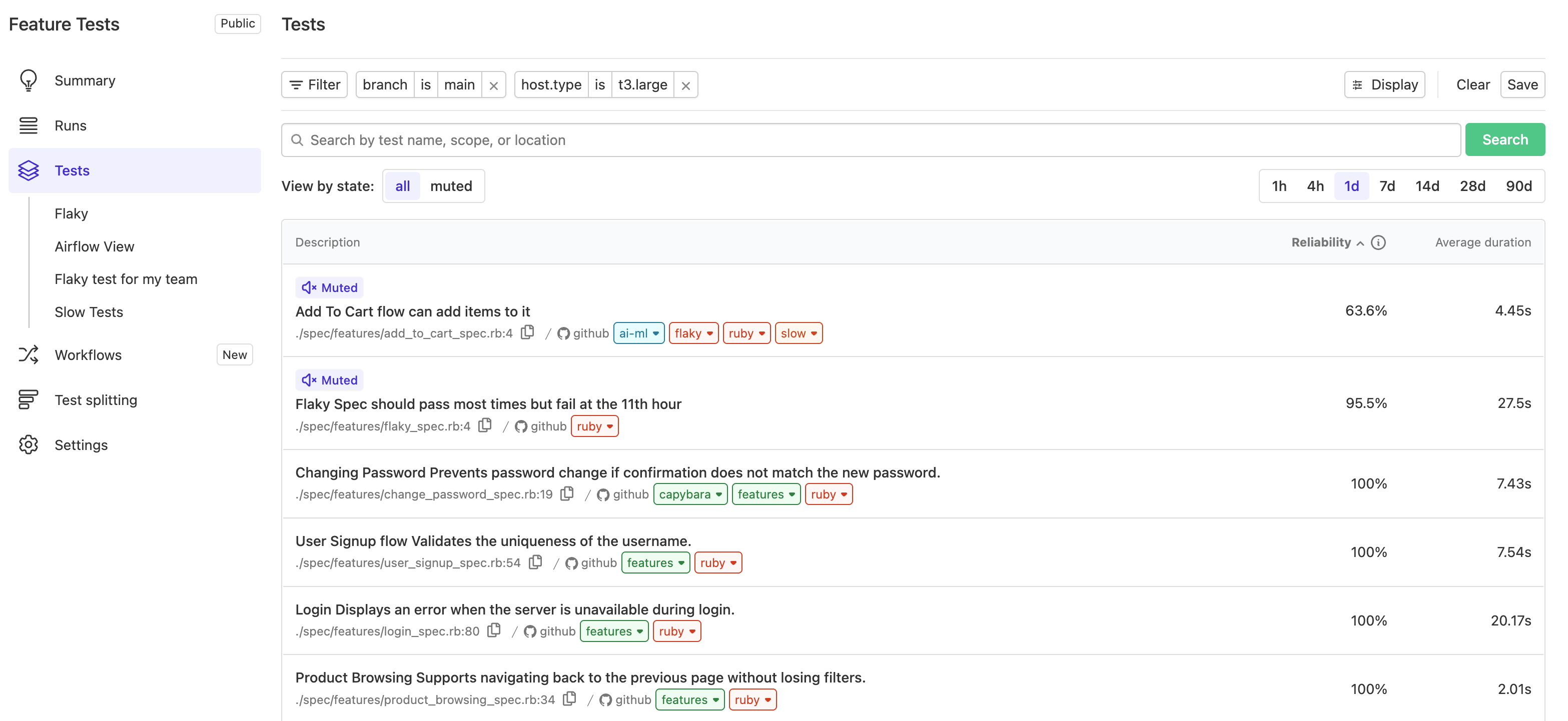 Screenshot of test index with a tag filter applied restricting tests to just those running on t3.large instances