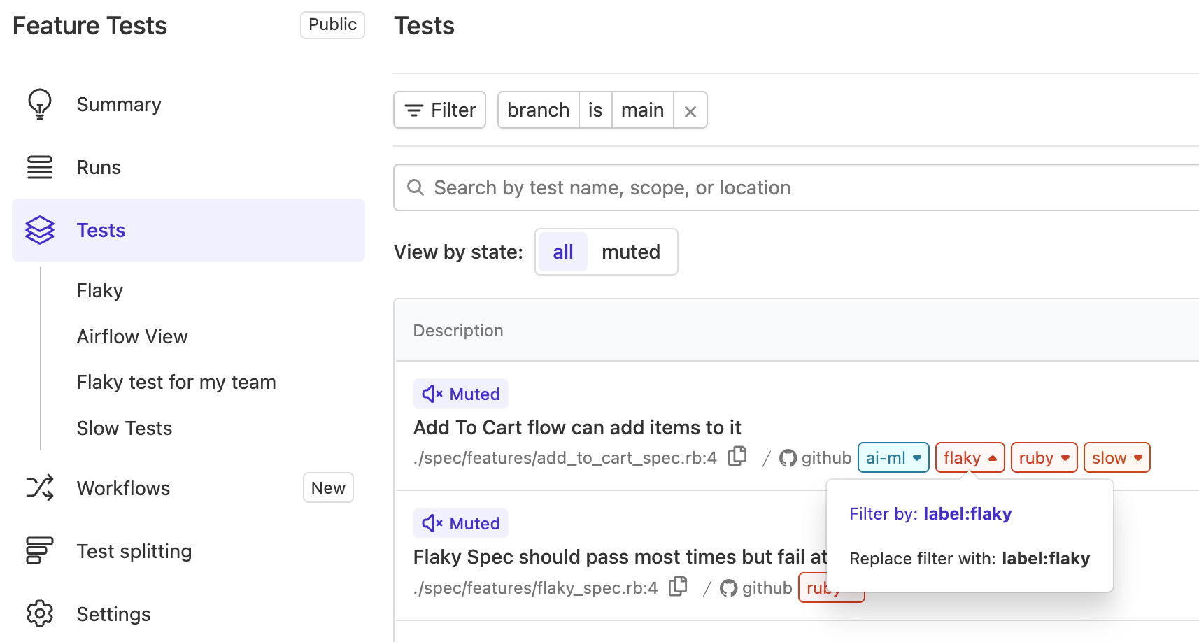 Screenshot of filtering by a test label