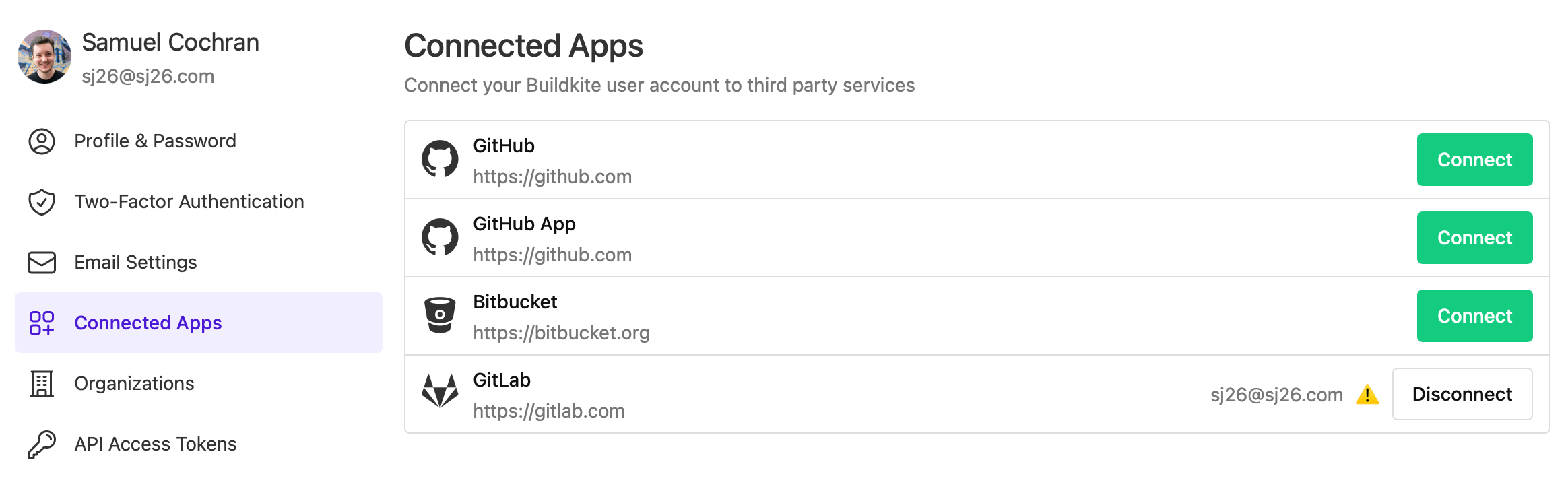 Screen of Buildkite User Connected Apps with GitLab.com connected
