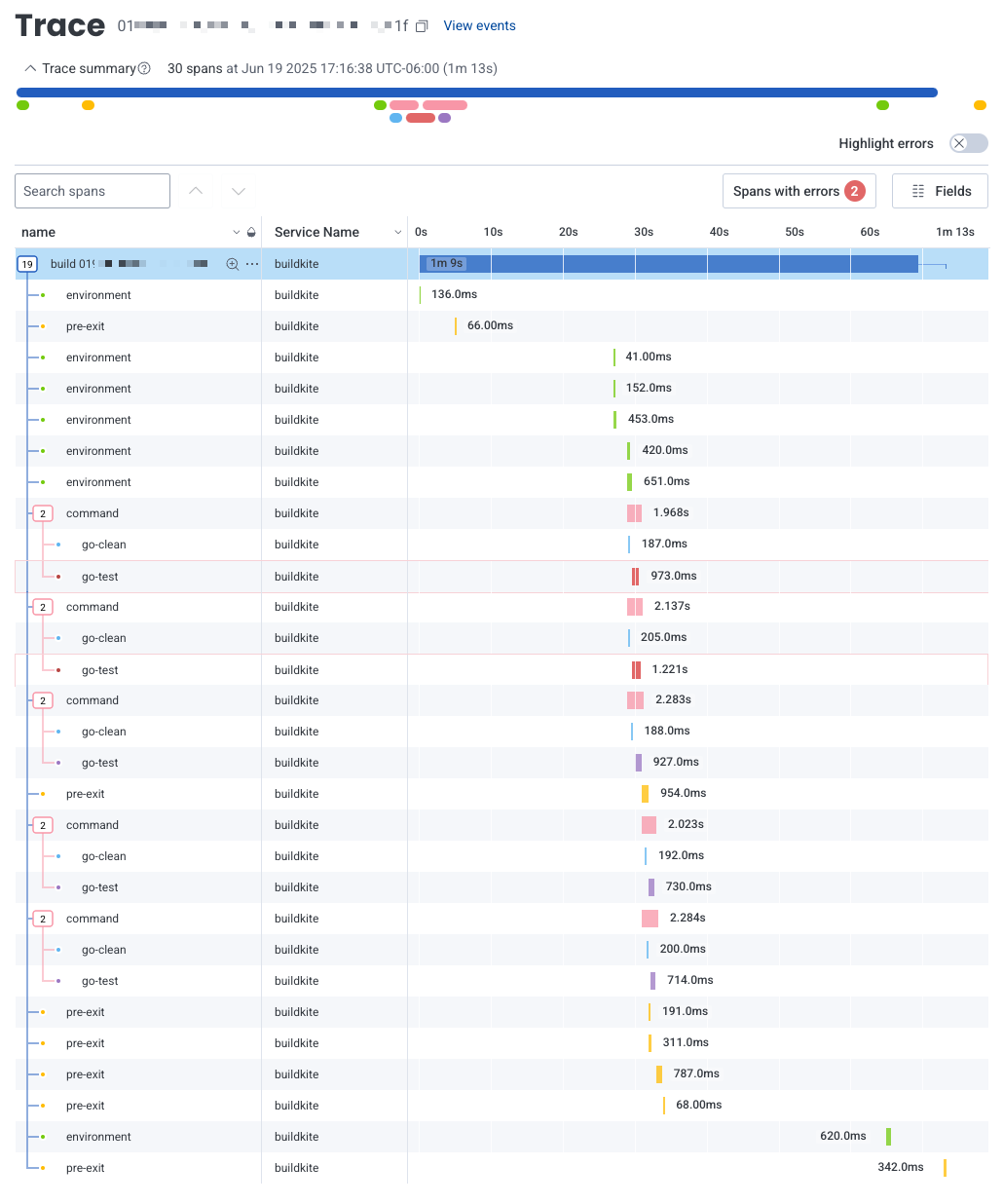 Buildkite buildevents in the Honeycomb interface