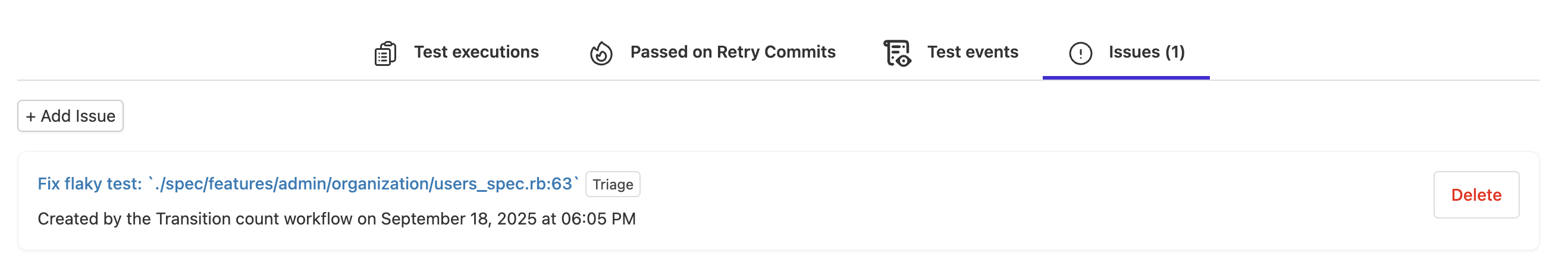 Screenshot showing Issues tab on a Test, with workflow generated issues