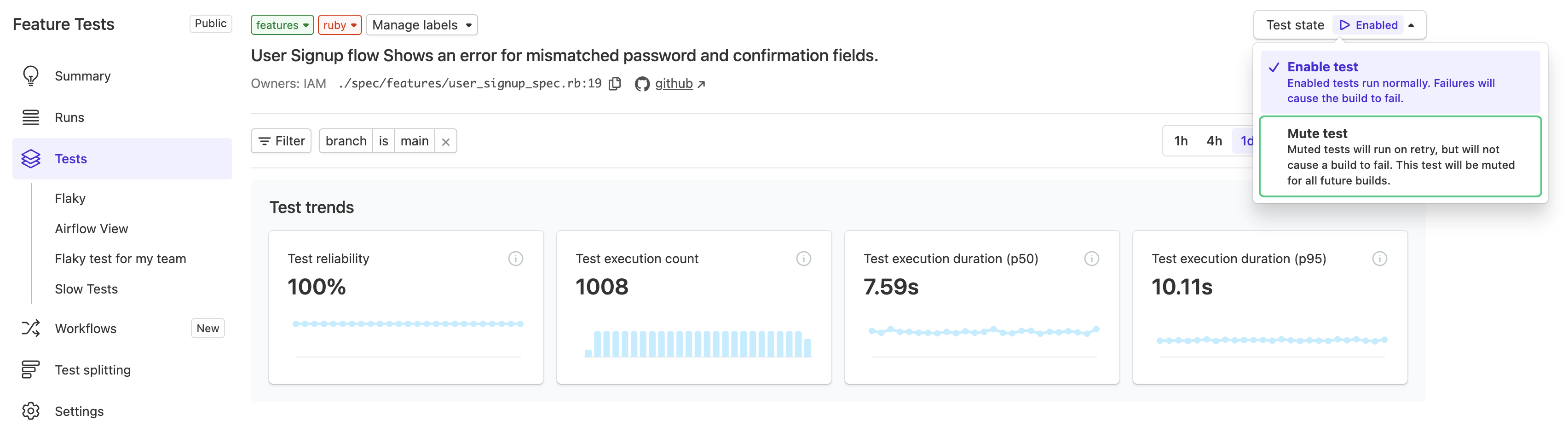 Manually quarantine individual tests via the dropdown.