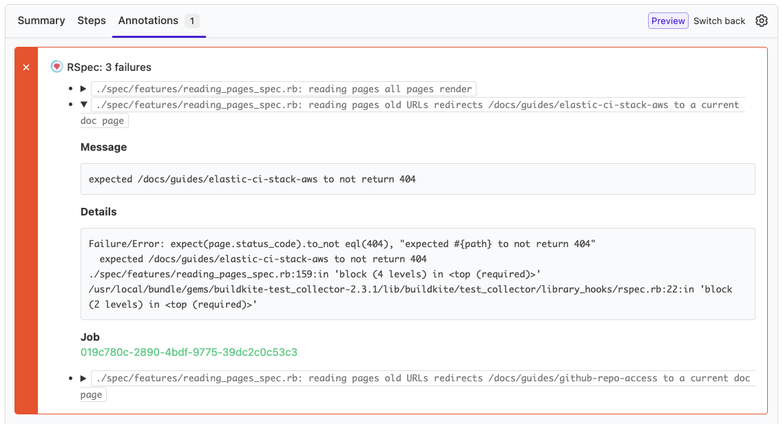 Screenshot of annotations from a step that checks for broken links