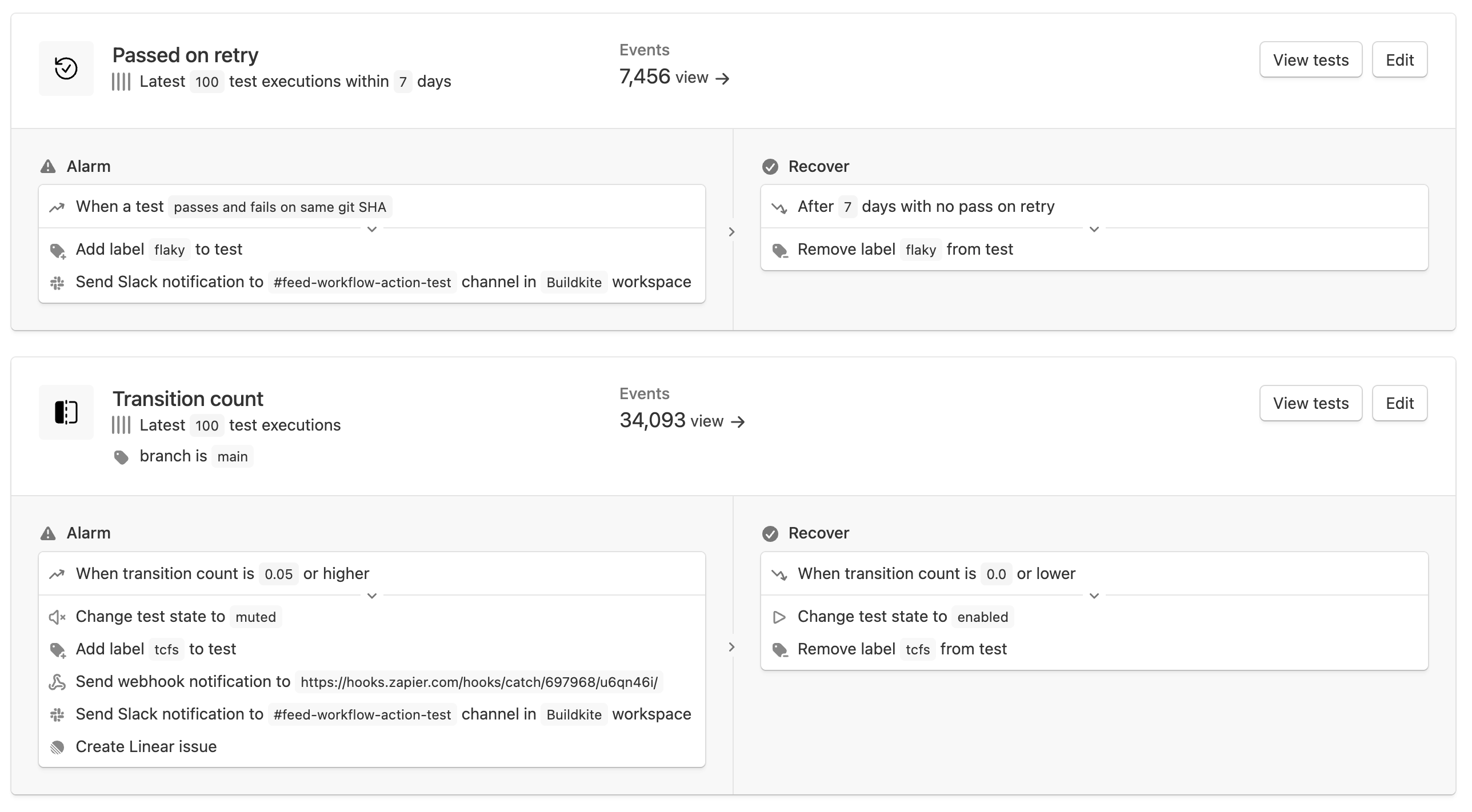 The workflows index page in Test Engine